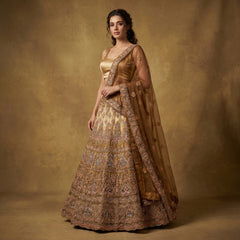 Gold-toned embroidered lehenga with tiered skirt and sheer net dupatta