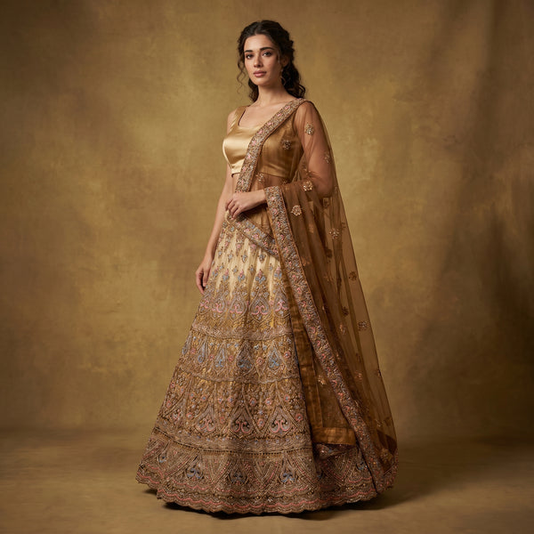 Gold-toned embroidered lehenga with tiered skirt and sheer net dupatta