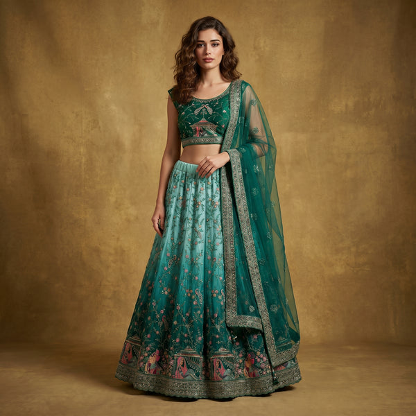 Teal-green lehenga set with embroidered blouse, flared skirt, and net dupatta