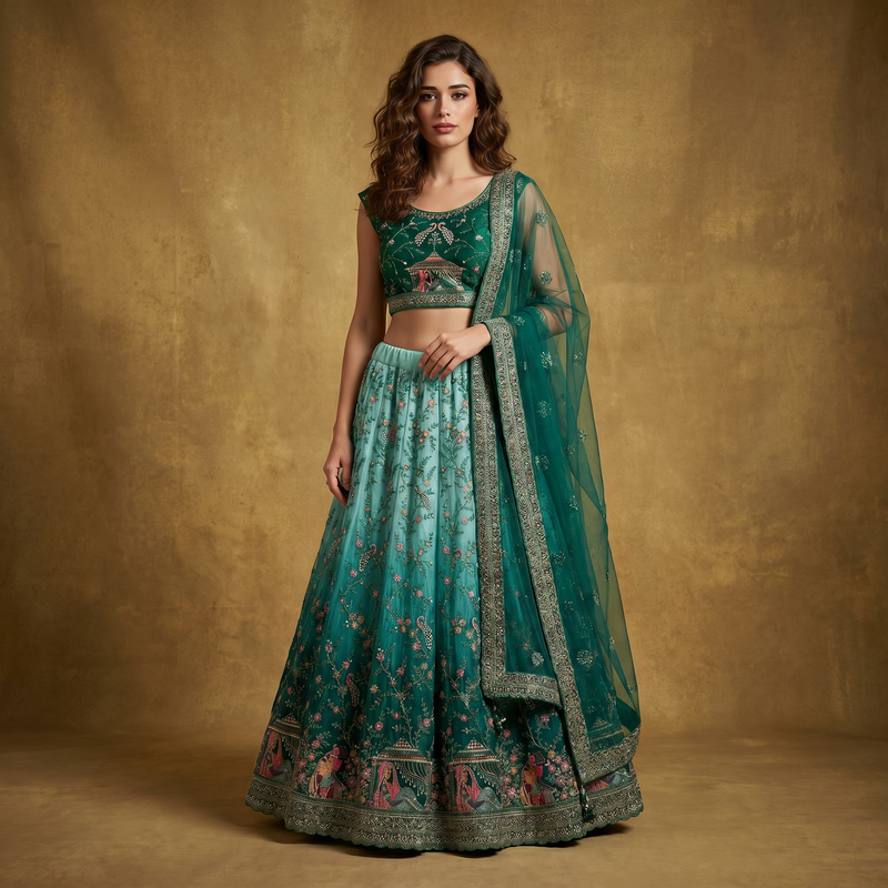 Green embroidered lehenga set with short blouse, net dupatta, and full flared skirt