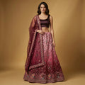 Maroon ombre lehenga set with floral net dupatta and matching skirt