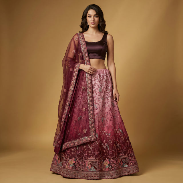 Maroon ombre lehenga set with floral net dupatta and matching skirt