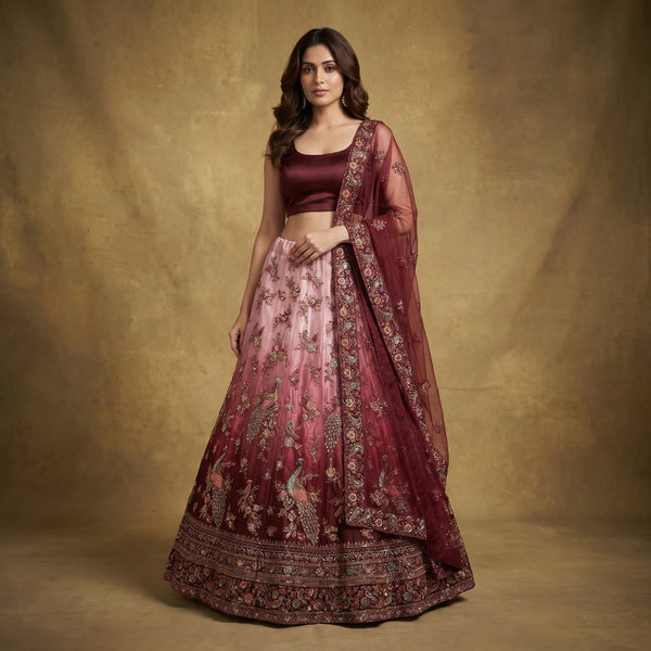 Maroon ombre embroidered lehenga with net dupatta, floral border details