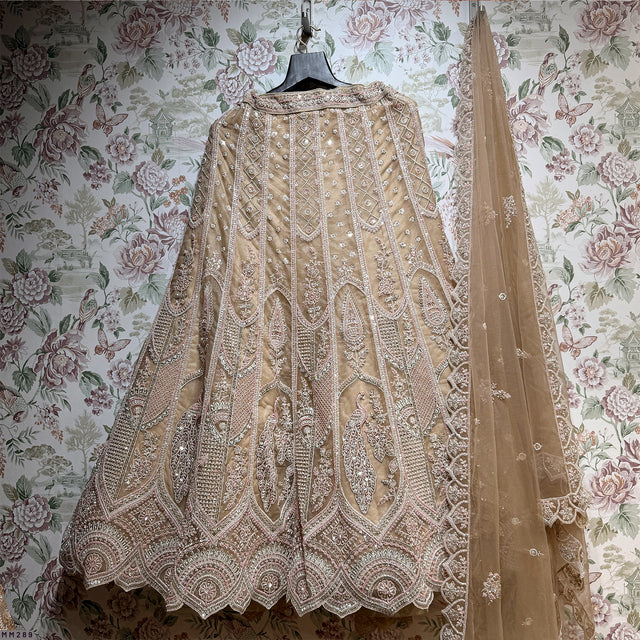 Ivory net lehenga with dori and cutdana peacock panel detailing, full flair skirt