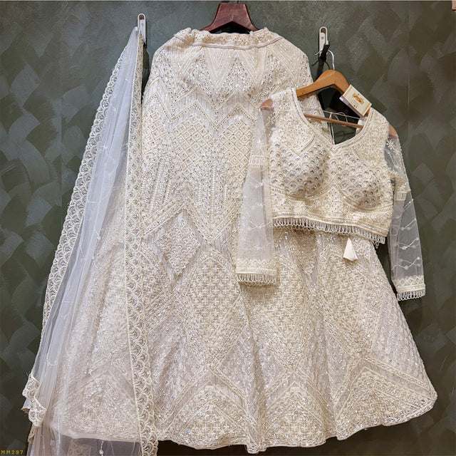 Off-white ready-to-wear lehenga set with sequined blouse and net dupatta