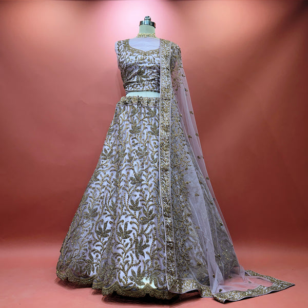 Embellished lehenga with fitted bodice, full skirt and sheer net dupatta