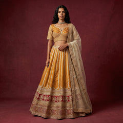 Royal Baggi Collection: Champagne Gold Raw Silk Embroidered Designer Lehenga