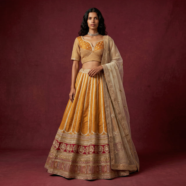Champagne gold raw silk embroidered lehenga with matching dupatta and blouse