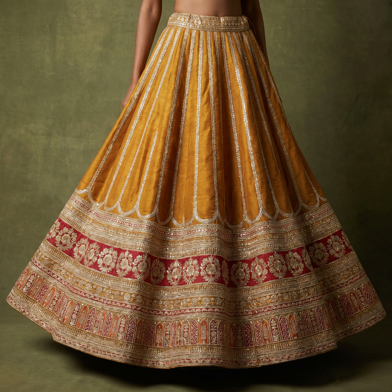 Royal Baggi Collection: Champagne Gold Raw Silk Embroidered Designer Lehenga - JMS Studio