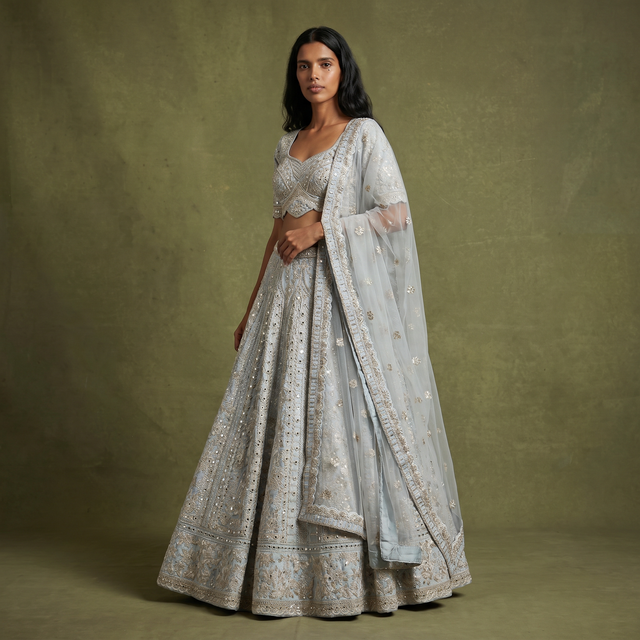 Sky blue lehenga with embellished yoke, mirrorwork motifs, and flared skirt
