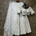 Powder blue embroidered lehenga with short sleeves and matching net dupatta