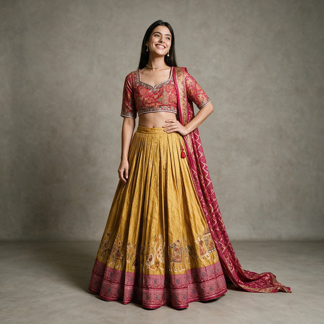 Mustard Banarasi silk lehenga with procession print hem, rani pink handwork blouse and dupatta, worn