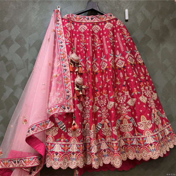 Maroon embroidered lehenga skirt with scalloped border and sheer pink dupatta