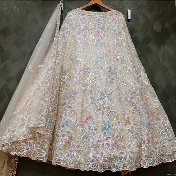 Jazzagals - Beads & Pearls Handwork Creamish Reception Lehenga