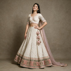 Ivory georgette Lucknowi lehenga with pink velvet patchwork hem, heart latkans and pink net dupatta, worn