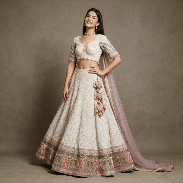 Ivory georgette Lucknowi lehenga with pink velvet patchwork hem, heart latkans and pink net dupatta, worn
