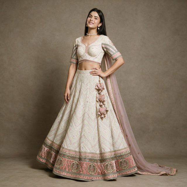 Ivory georgette Lucknowi lehenga with pink velvet patchwork hem, heart latkans and pink net dupatta, worn