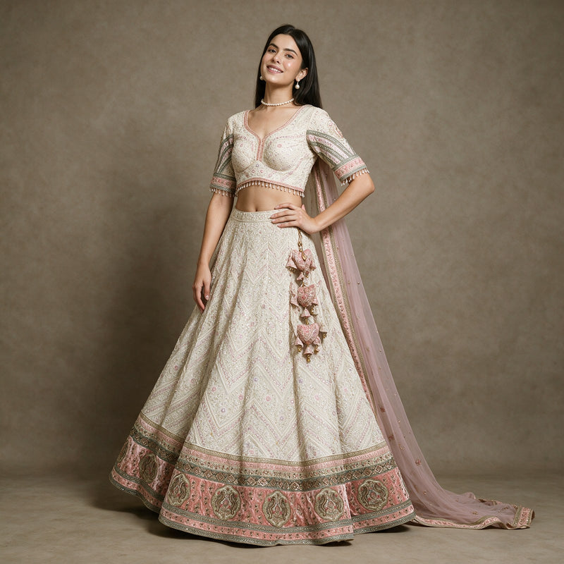 Damsel - Ivory Georgette Lucknowi Resham Lehenga with Pink Velvet Patchwork Hem, Ready to Wear with Net Dupatta