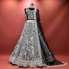 Black net lehenga with silver dori paisley jaal and embroidered border