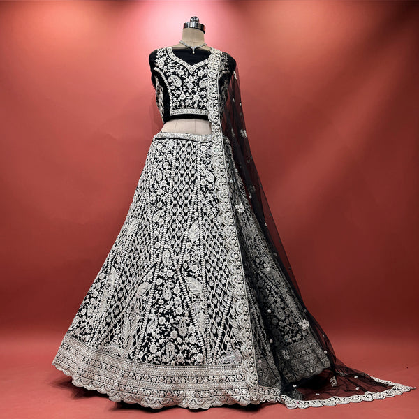 Black net lehenga with silver dori paisley jaal and embroidered border