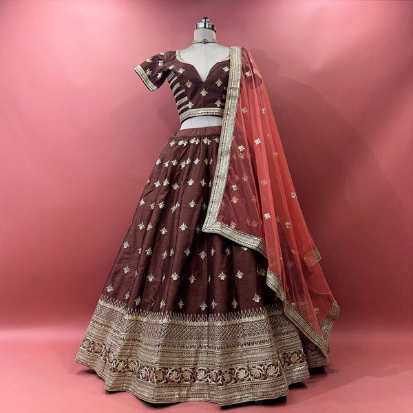 Chocolate-brown bridal lehenga with gold embroidered border, short sleeves, draped dupatta