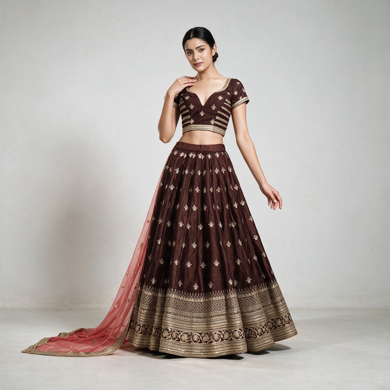 Butterfly - Chocolate Brown Raw Silk Gold Butti Bridesmaid Lehenga, Ready to Wear with Net Dupatta