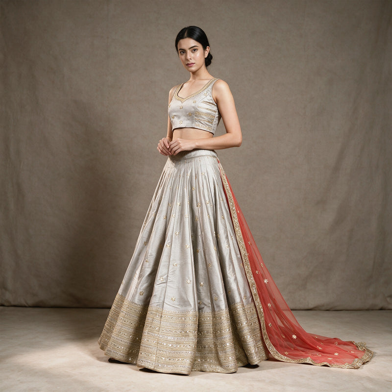 Butterfly - Silver Grey Raw Silk Gold Butti Bridesmaid Lehenga, Ready to Wear with Net Dupatta