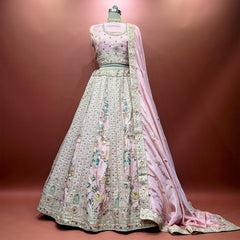 Blush pink lehenga skirt with zari and resham bird-and-floral embroidery, matching dupatta