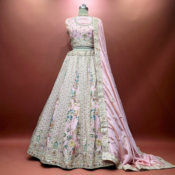 Blush pink lehenga skirt with zari and resham bird-and-floral embroidery, matching dupatta
