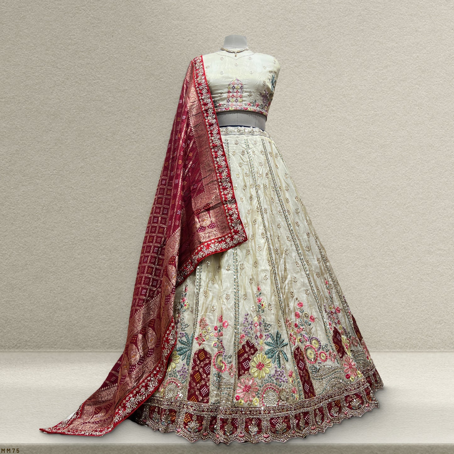 Damsel - Multi color Off White Silk Festival Lehenga