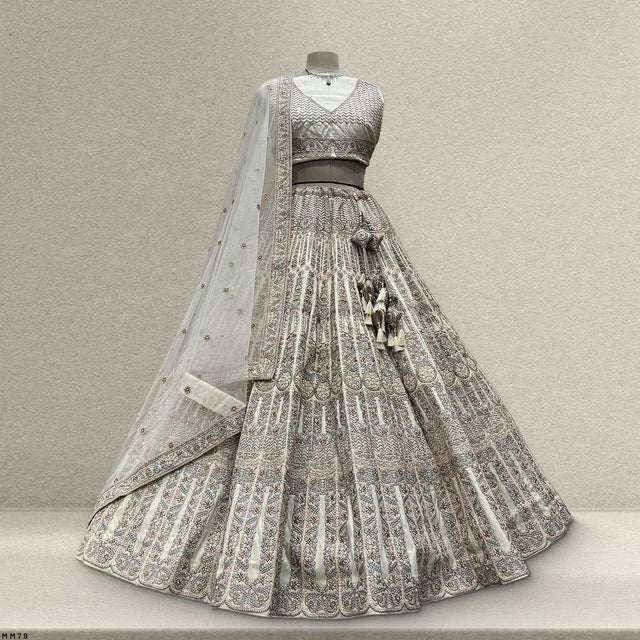 Off-white embroidered bridal lehenga with contrast dupatta, flared skirt and fitted bodice