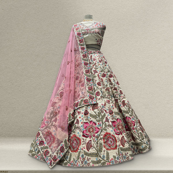 Rosé - Multicolor Raw Silk Off White Floral Lehenga - JMS Studio