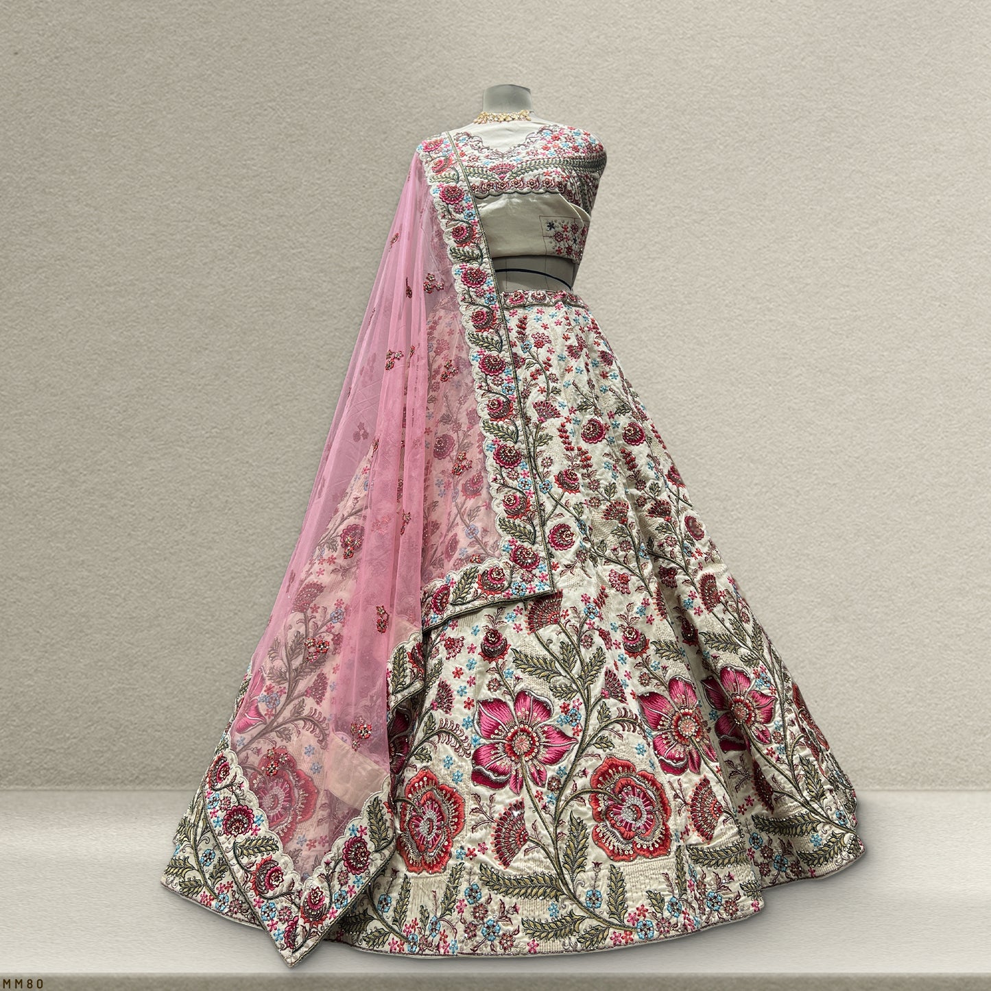 Rosé - Multicolor Raw Silk Off White Floral Lehenga