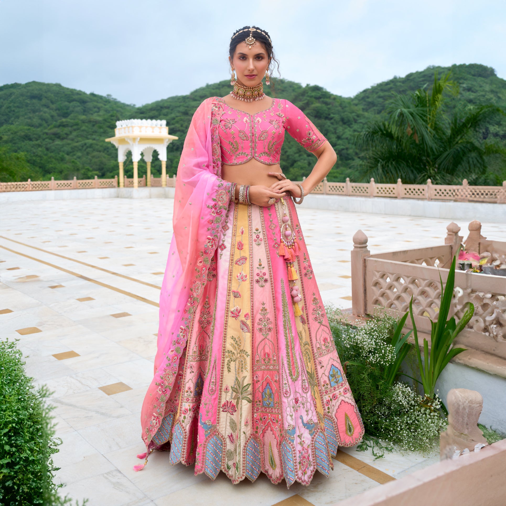 Rosé - Silk Multicolor Designer Replica Couture Lehenga JMS Studio {{ Royal Red Bridal Lehenga}}