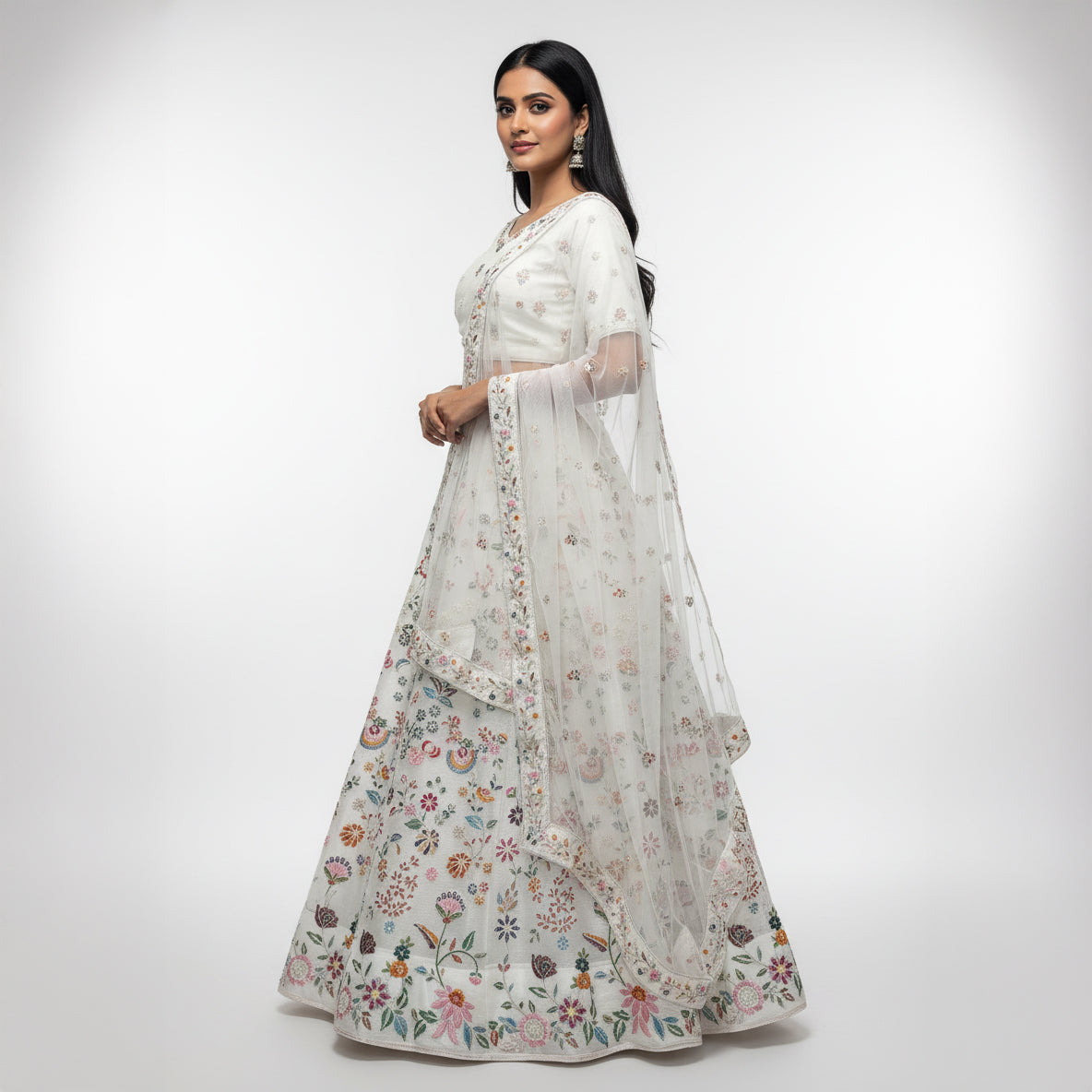 Aisha - Soft Net Threadwork White Partywear Lehenga