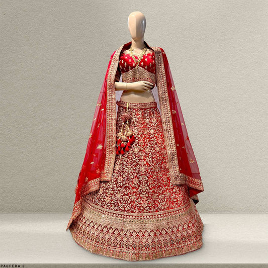 Pagfera : Royal Red Velvet 9000 Bridal Lehenga