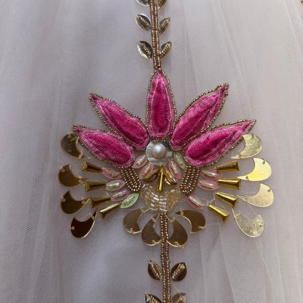 Celestial Collection: Ivory & Pink Lotus Floral Handwork Ready-to-Wear Mehendi & Sangeet Lehenga