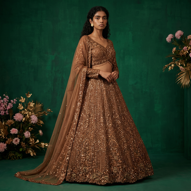 Embroidered golden lehenga choli with sheer dupatta, long sleeves and V-neck blouse