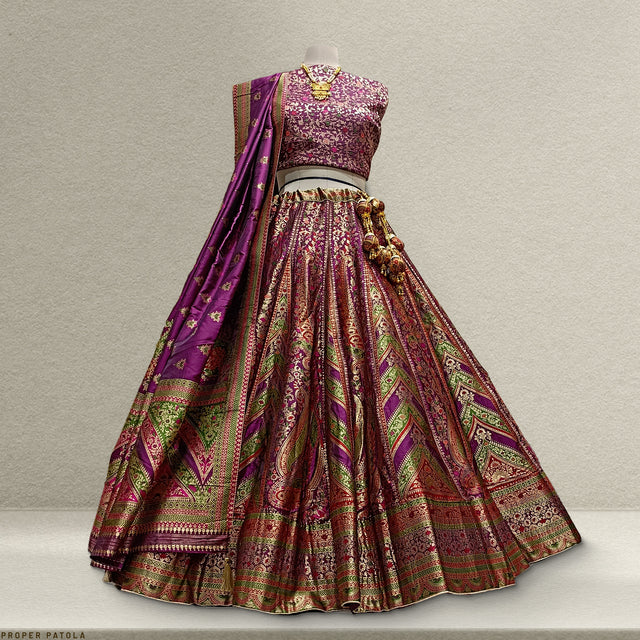 Wine purple flared lehenga with multicolor geometric print and matching drape dupatta
