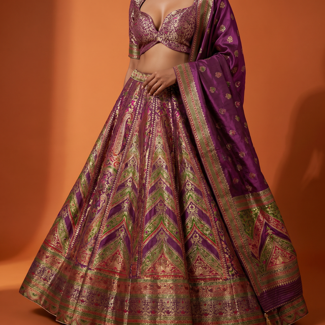 Wine purple blouse bodice and flared lehenga with multicolor geometric border and dupatta