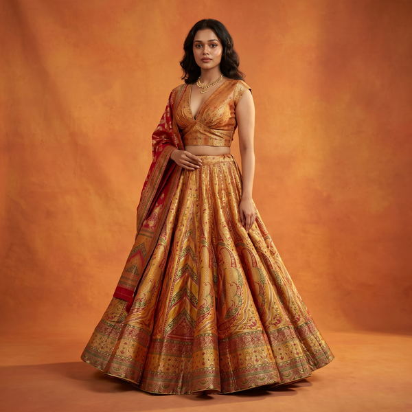 Gold and maroon lehenga set with paisley weave, sleeveless blouse and draped dupatta