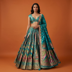 Teal green flared Banarasi-style lehenga with multicolor brocade border and blouse