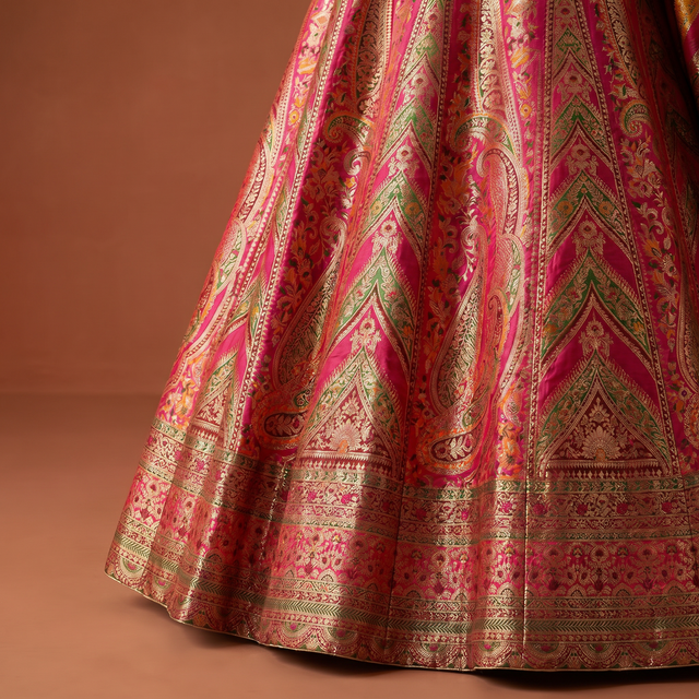 Pink flared lehenga skirt with multicolor Banarasi geometric motifs