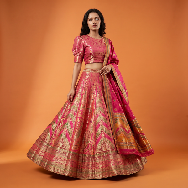 Pink Banarasi weave lehenga skirt with gold woven paisley patterns and flared hem