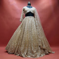 Gold net lehenga with cutdana and sequin vines, stitched full-sleeve blouse and sequin-lattice dupatta