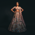 Multicolor designer lehenga with pink sheer dupatta and embroidered floral skirt