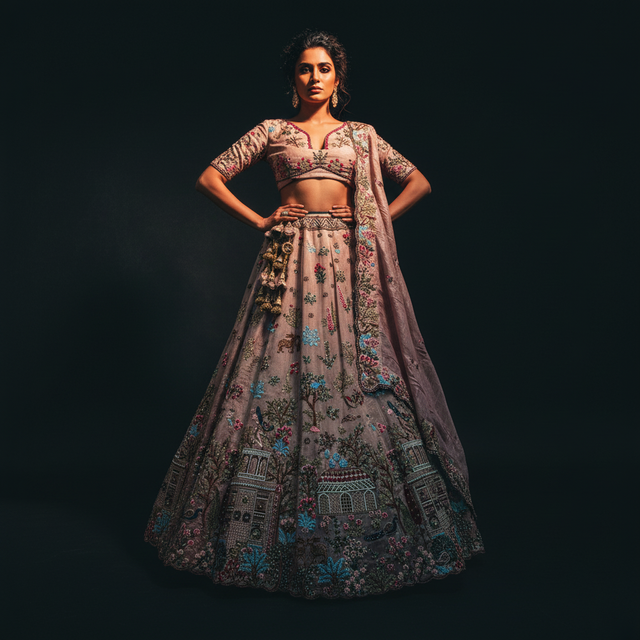 Multicolor designer lehenga with pink sheer dupatta and embroidered floral skirt
