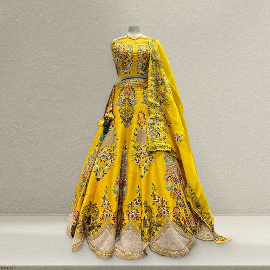 Royal Baggi - Zardosi Work Yellow Raw Silk Designer Handwork Lehenga JMS Studio {{ Royal Red Bridal Lehenga}}