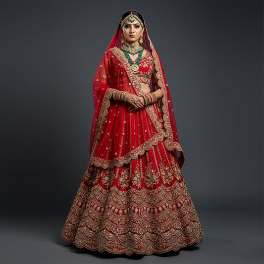 Dulhan in Handwork Lehenga : Raw Silk Royal Red Bridal Lehenga