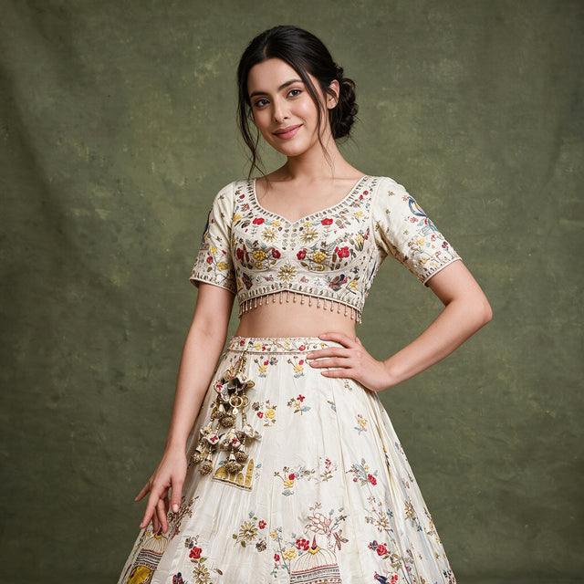 Ivory floral lehenga with boat neckline, short sleeves, and detailed beaded waist panel